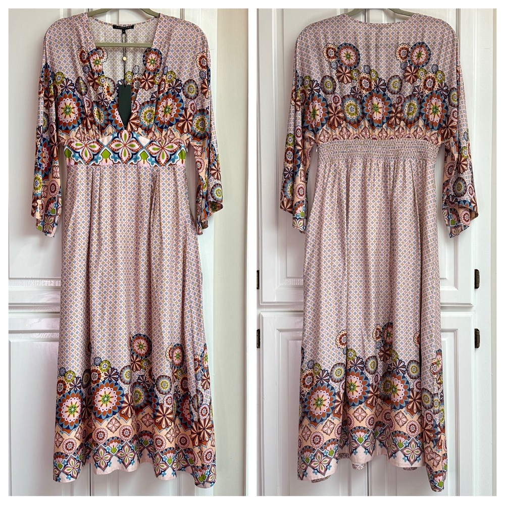 NWT Caballero Cloe Maxi Dress in Sunburst Geo Print Silk Cotton Blend Size Small
